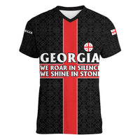 Georgia Women V-Neck T-Shirt with Black Patterned Red Cross with Dragon Horse Symbol and Silent Pride Quote Design - Wonder Print Shop