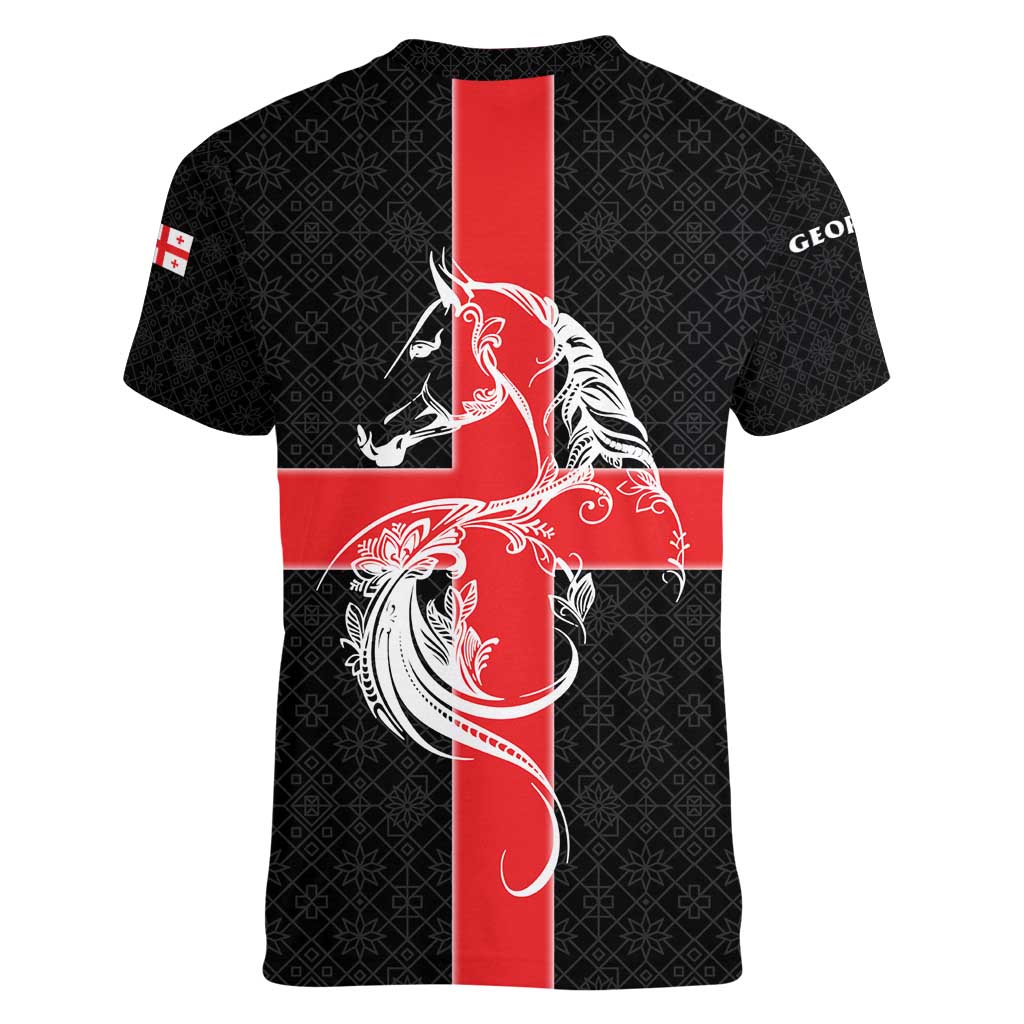 Georgia Women V-Neck T-Shirt with Black Patterned Red Cross with Dragon Horse Symbol and Silent Pride Quote Design - Wonder Print Shop