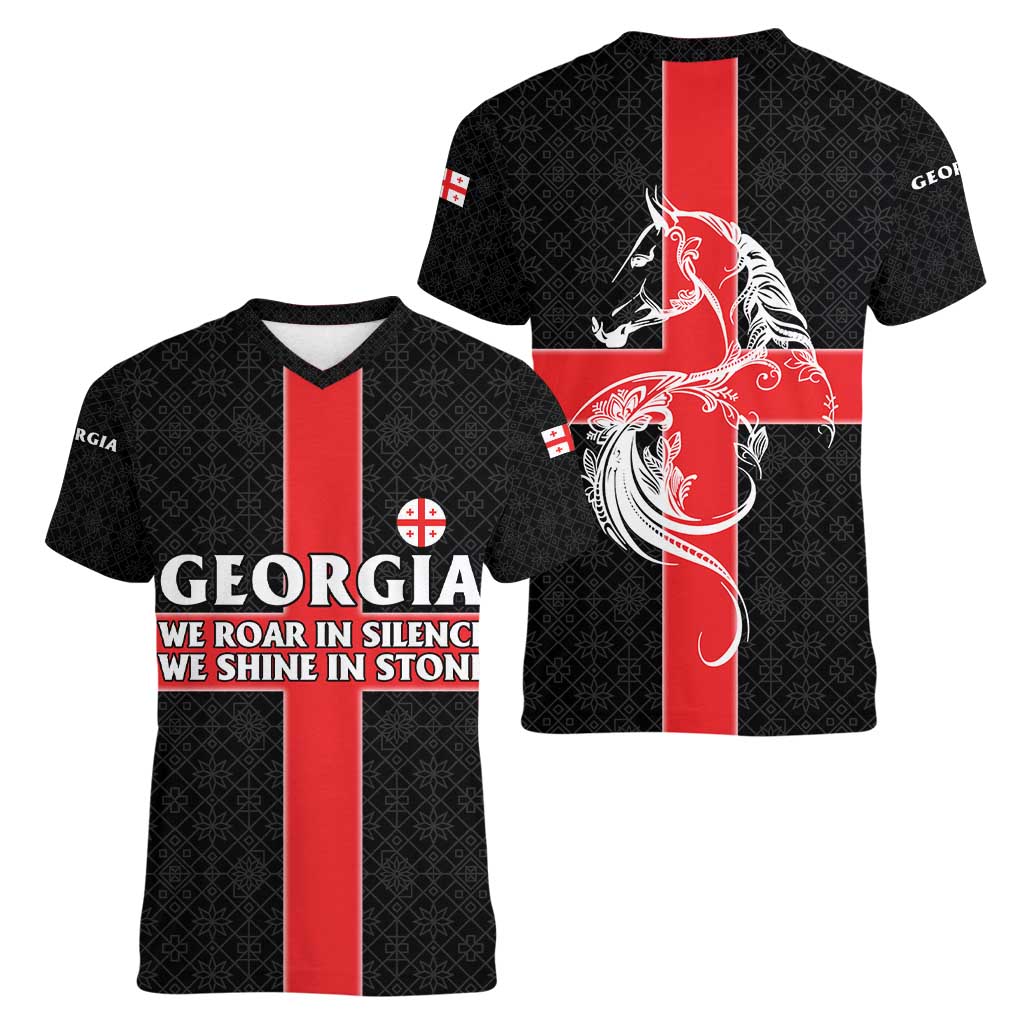 Georgia Women V-Neck T-Shirt with Black Patterned Red Cross with Dragon Horse Symbol and Silent Pride Quote Design - Wonder Print Shop