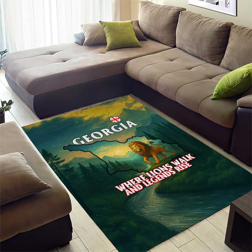 Georgia Area Rug with Green Mountain Landscape with Map Outline Lion and Legends Rise Quote Design - Wonder Print Shop