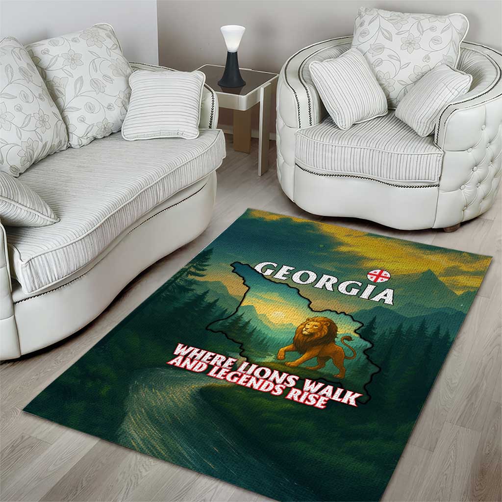 Georgia Area Rug with Green Mountain Landscape with Map Outline Lion and Legends Rise Quote Design - Wonder Print Shop