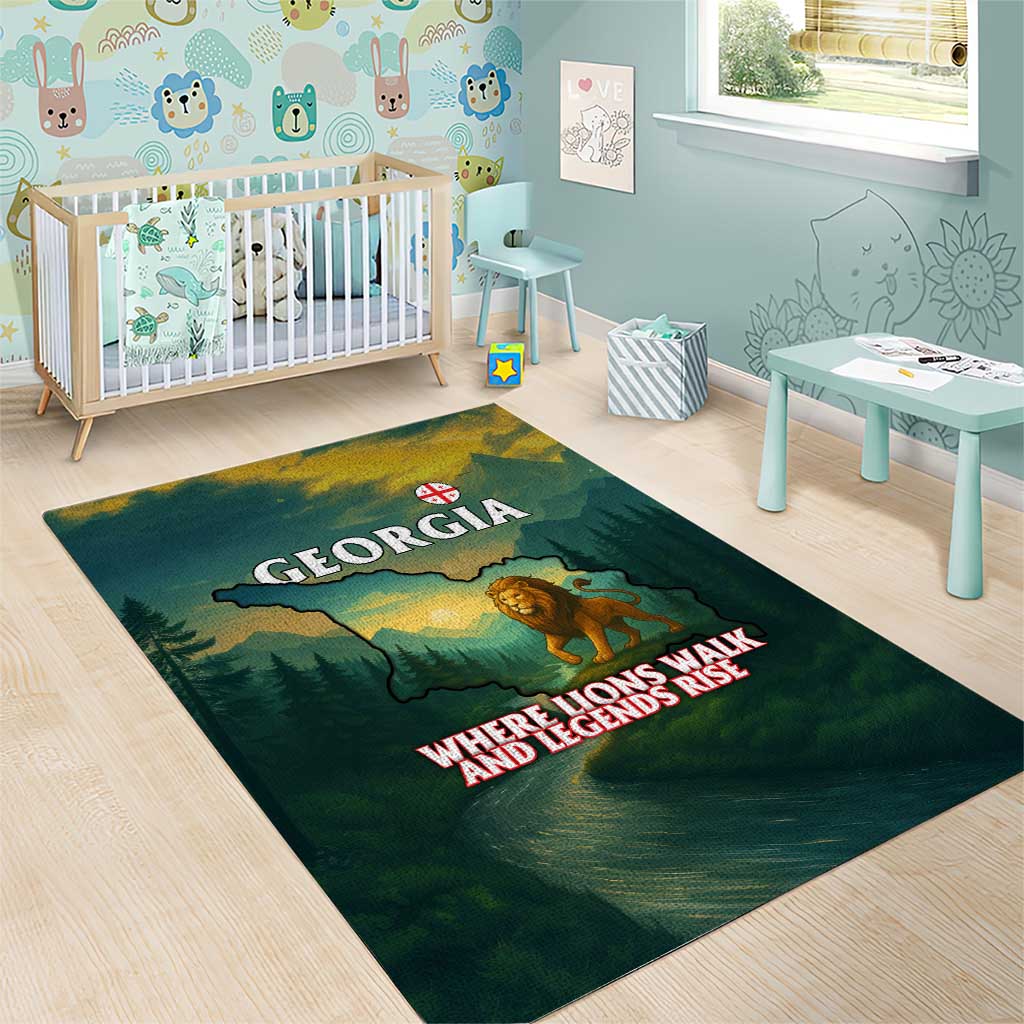 Georgia Area Rug with Green Mountain Landscape with Map Outline Lion and Legends Rise Quote Design - Wonder Print Shop