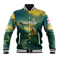Georgia Baseball Jacket with Green Mountain Landscape with Map Outline Lion and Legends Rise Quote Design - Wonder Print Shop