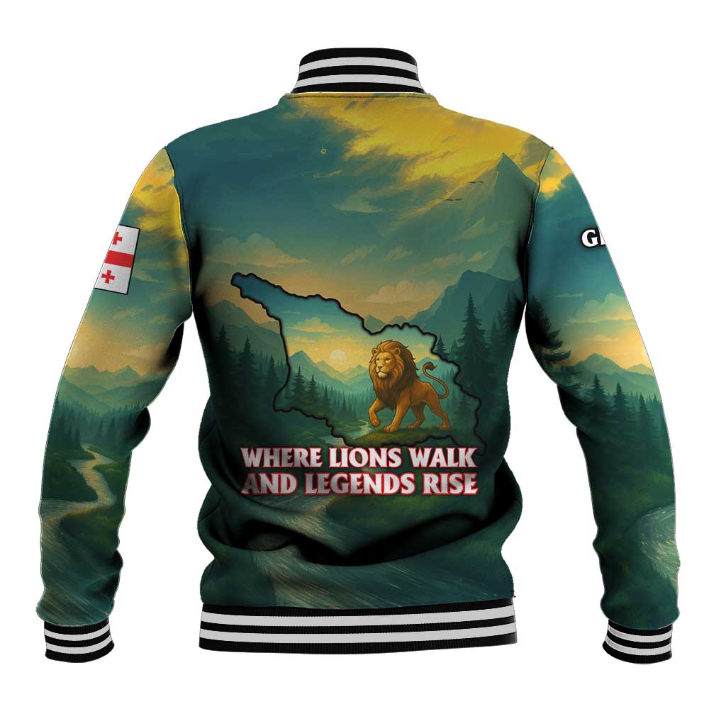 Georgia Baseball Jacket with Green Mountain Landscape with Map Outline Lion and Legends Rise Quote Design - Wonder Print Shop