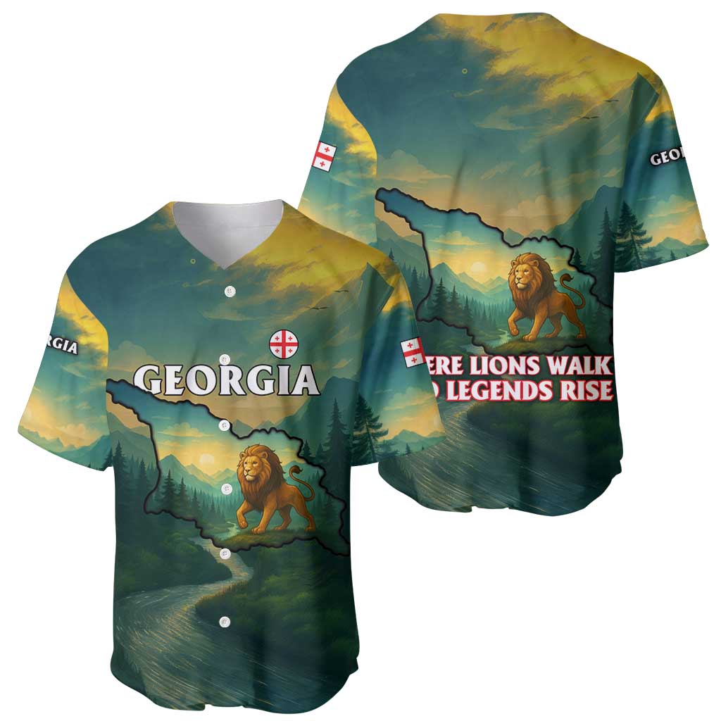 Georgia Baseball Jersey with Green Mountain Landscape with Map Outline Lion and Legends Rise Quote Design - Wonder Print Shop