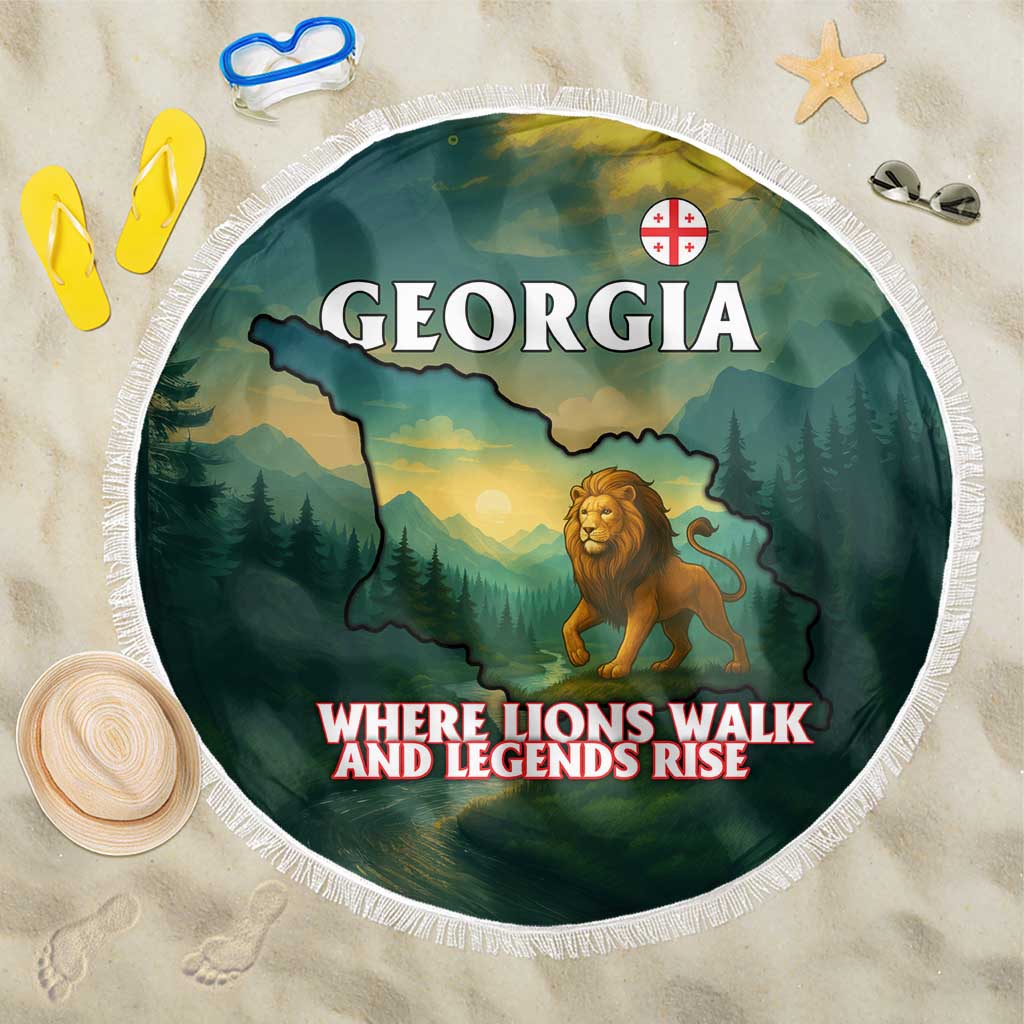 Georgia Beach Blanket with Green Mountain Landscape with Map Outline Lion and Legends Rise Quote Design - Wonder Print Shop