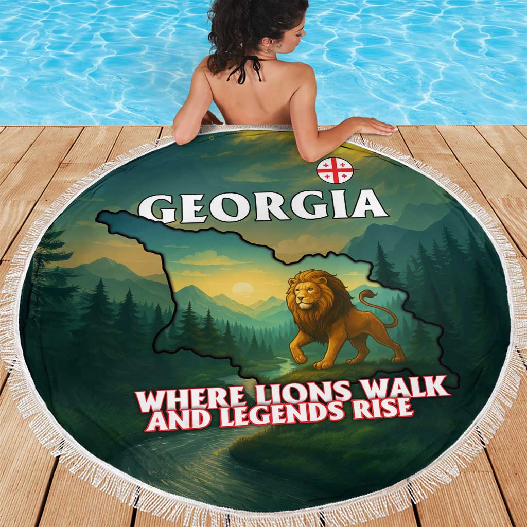 Georgia Beach Blanket with Green Mountain Landscape with Map Outline Lion and Legends Rise Quote Design - Wonder Print Shop