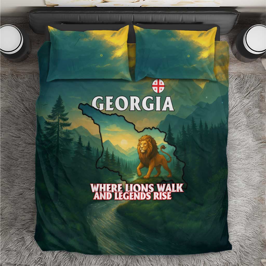 Georgia Bedding Set with Green Mountain Landscape with Map Outline Lion and Legends Rise Quote Design - Wonder Print Shop