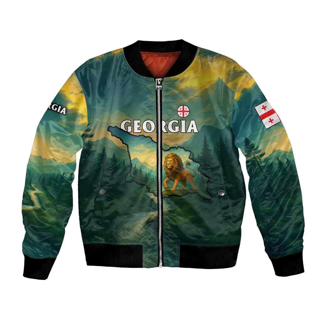 Georgia Bomber Jacket with Green Mountain Landscape with Map Outline Lion and Legends Rise Quote Design - Wonder Print Shop
