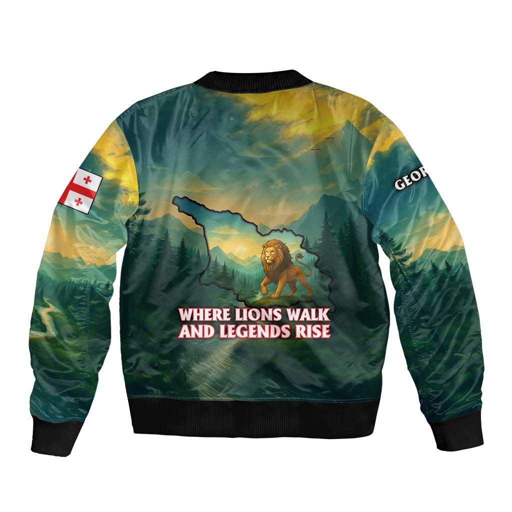 Georgia Bomber Jacket with Green Mountain Landscape with Map Outline Lion and Legends Rise Quote Design - Wonder Print Shop