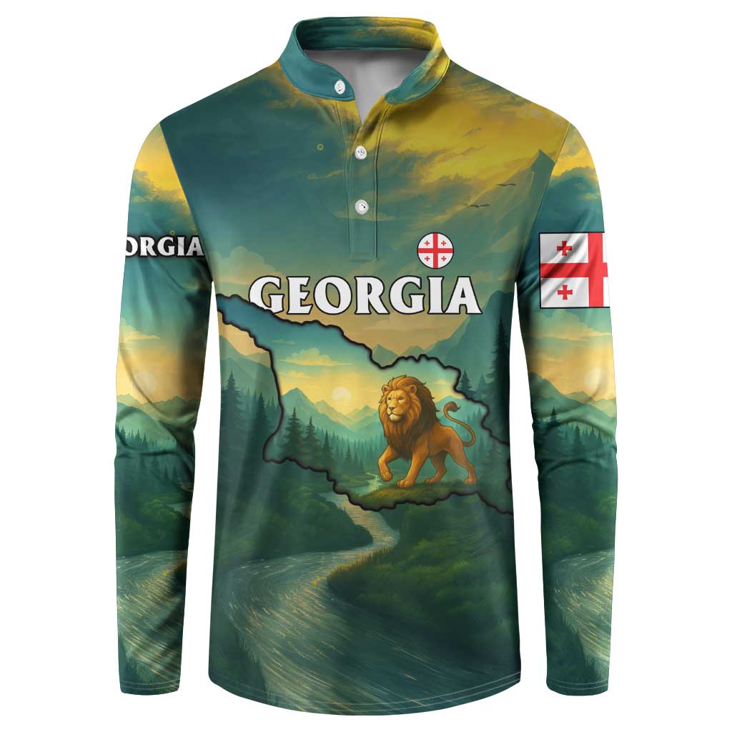 Georgia Button Sweatshirt with Green Mountain Landscape with Map Outline Lion and Legends Rise Quote Design - Wonder Print Shop