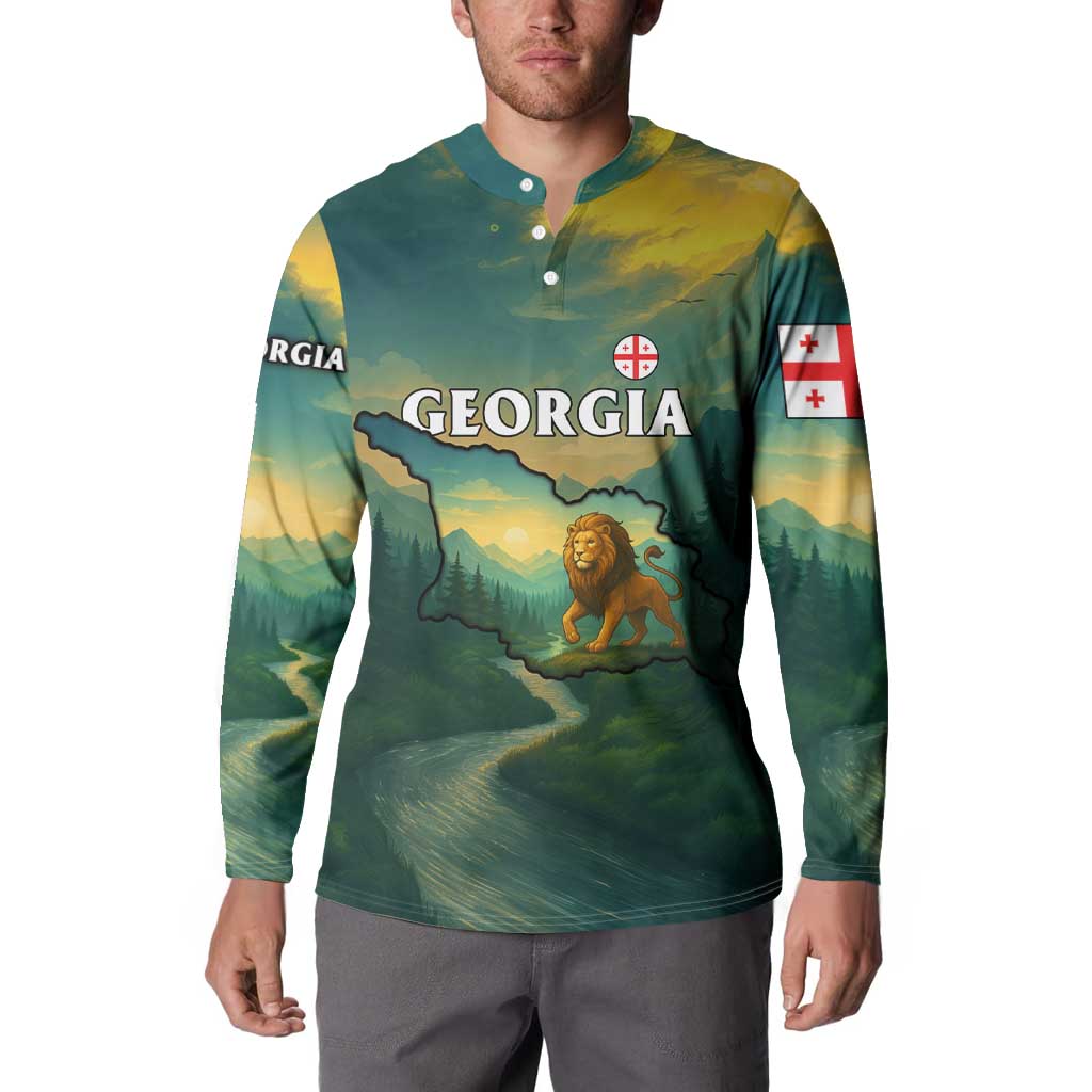 Georgia Button Sweatshirt with Green Mountain Landscape with Map Outline Lion and Legends Rise Quote Design - Wonder Print Shop