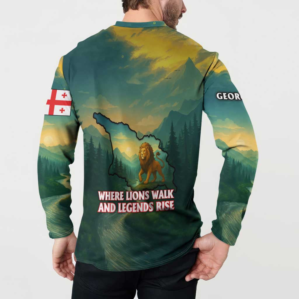 Georgia Button Sweatshirt with Green Mountain Landscape with Map Outline Lion and Legends Rise Quote Design - Wonder Print Shop