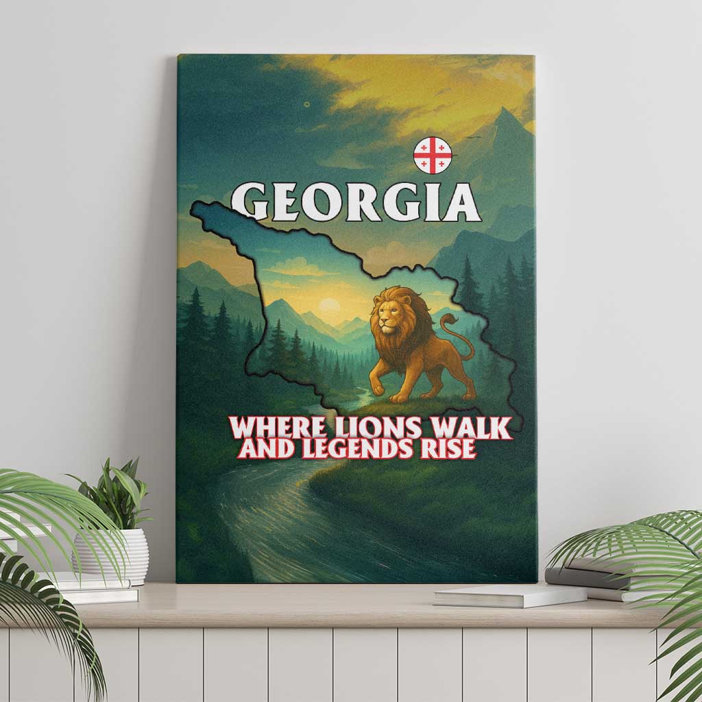 Georgia Canvas Wall Art with Green Mountain Landscape with Map Outline Lion and Legends Rise Quote Design - Wonder Print Shop