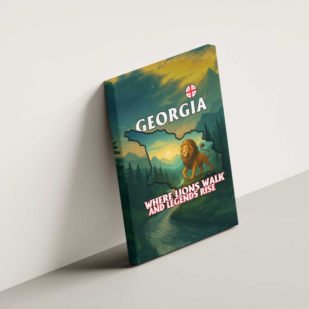 Georgia Canvas Wall Art with Green Mountain Landscape with Map Outline Lion and Legends Rise Quote Design - Wonder Print Shop