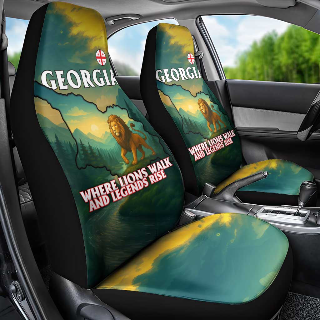 Georgia Car Seat Cover with Green Mountain Landscape with Map Outline Lion and Legends Rise Quote Design - Wonder Print Shop