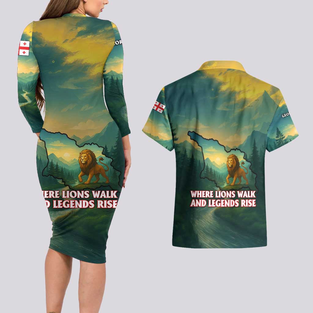 Georgia Couples Matching Long Sleeve Bodycon Dress and Hawaiian Shirt with Green Mountain Landscape with Map Outline Lion and Legends Rise Quote Design - Wonder Print Shop