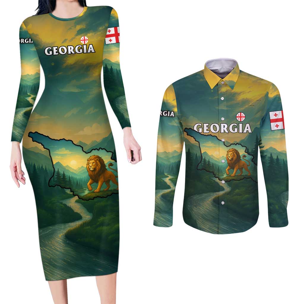 Georgia Couples Matching Long Sleeve Bodycon Dress and Long Sleeve Button Shirt with Green Mountain Landscape with Map Outline Lion and Legends Rise Quote Design - Wonder Print Shop