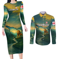 Georgia Couples Matching Long Sleeve Bodycon Dress and Long Sleeve Button Shirt with Green Mountain Landscape with Map Outline Lion and Legends Rise Quote Design - Wonder Print Shop