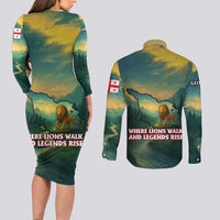 Georgia Couples Matching Long Sleeve Bodycon Dress and Long Sleeve Button Shirt with Green Mountain Landscape with Map Outline Lion and Legends Rise Quote Design - Wonder Print Shop