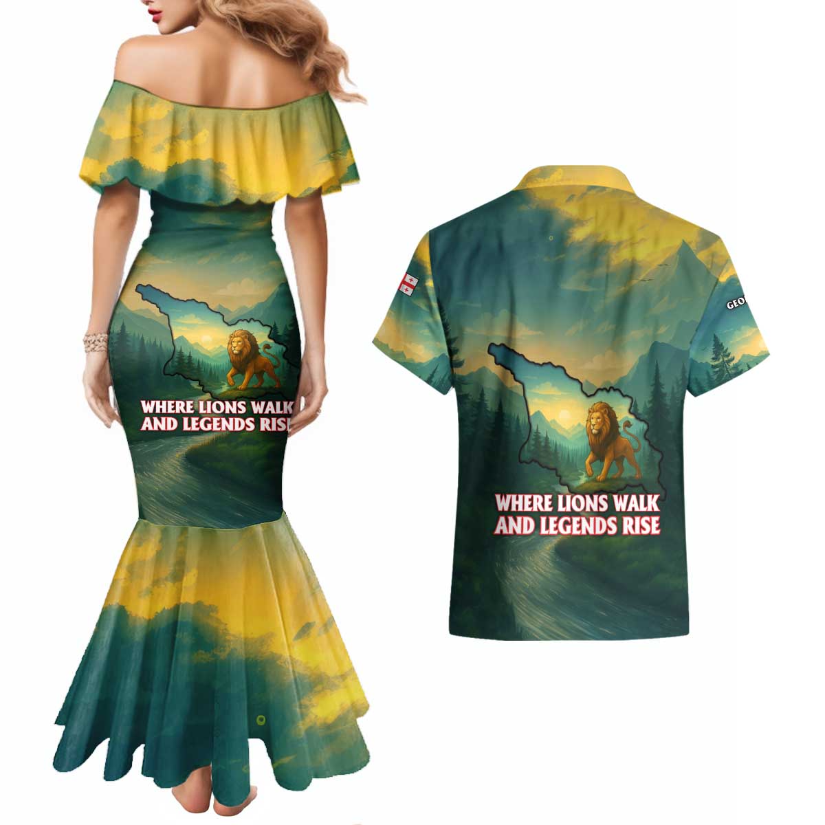 Georgia Couples Matching Mermaid Dress and Hawaiian Shirt with Green Mountain Landscape with Map Outline Lion and Legends Rise Quote Design - Wonder Print Shop