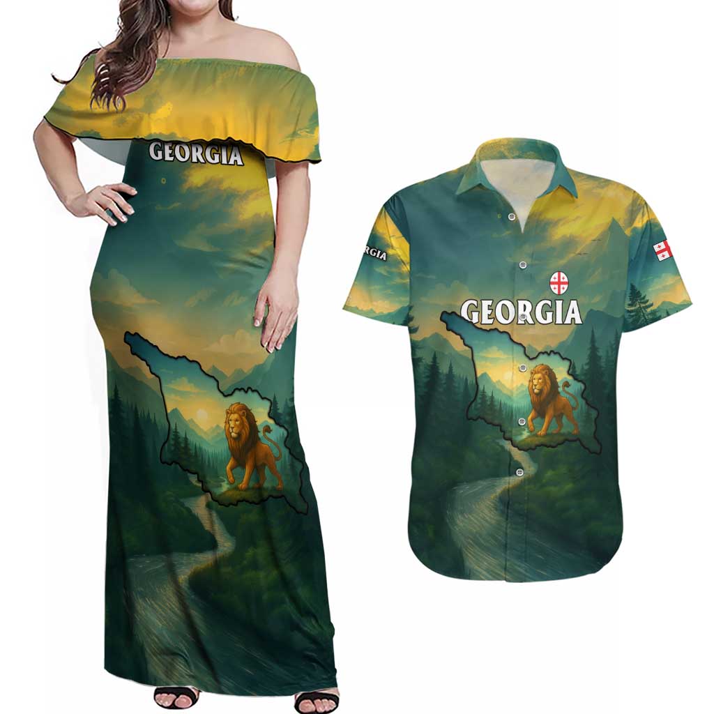 Georgia Couples Matching Off Shoulder Maxi Dress and Hawaiian Shirt with Green Mountain Landscape with Map Outline Lion and Legends Rise Quote Design - Wonder Print Shop