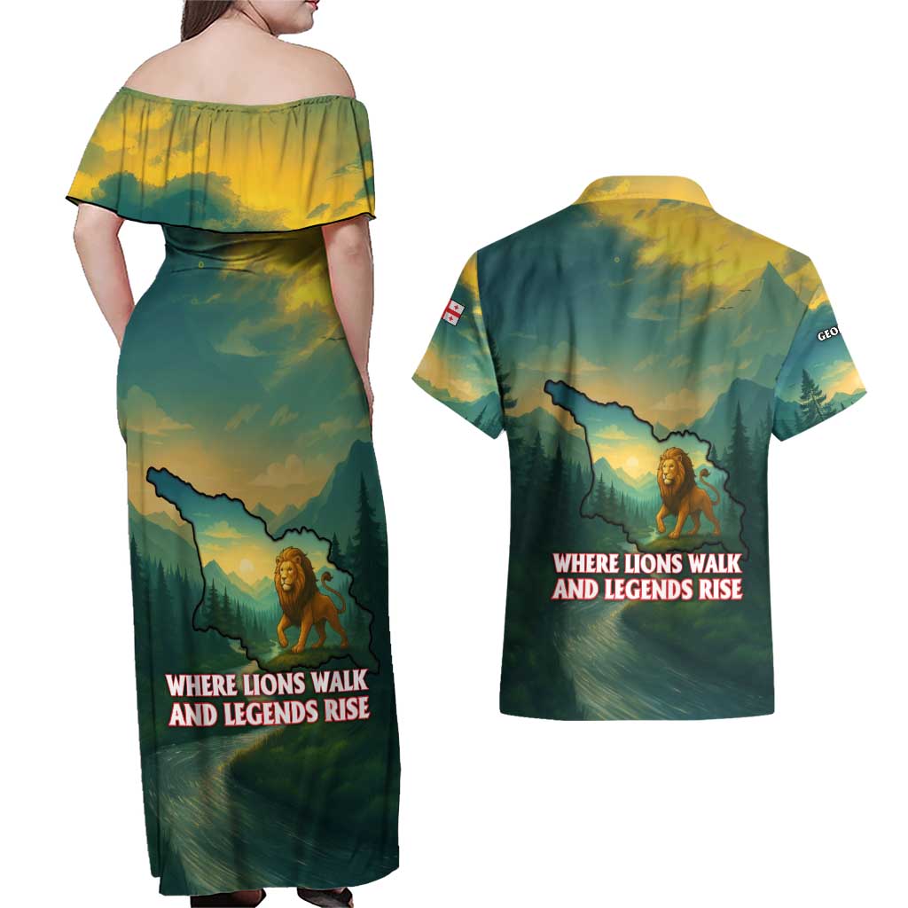 Georgia Couples Matching Off Shoulder Maxi Dress and Hawaiian Shirt with Green Mountain Landscape with Map Outline Lion and Legends Rise Quote Design - Wonder Print Shop