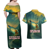 Georgia Couples Matching Off Shoulder Maxi Dress and Hawaiian Shirt with Green Mountain Landscape with Map Outline Lion and Legends Rise Quote Design - Wonder Print Shop