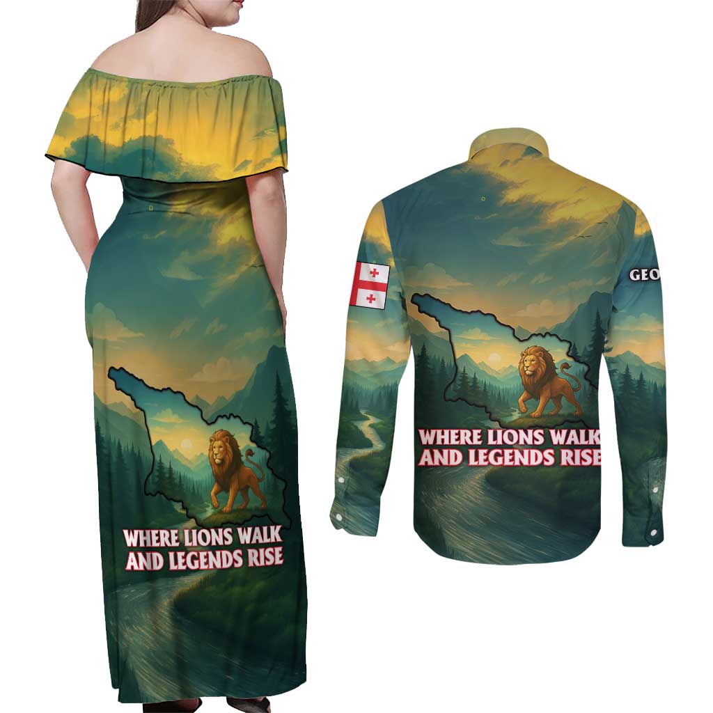 Georgia Couples Matching Off Shoulder Maxi Dress and Long Sleeve Button Shirt with Green Mountain Landscape with Map Outline Lion and Legends Rise Quote Design - Wonder Print Shop