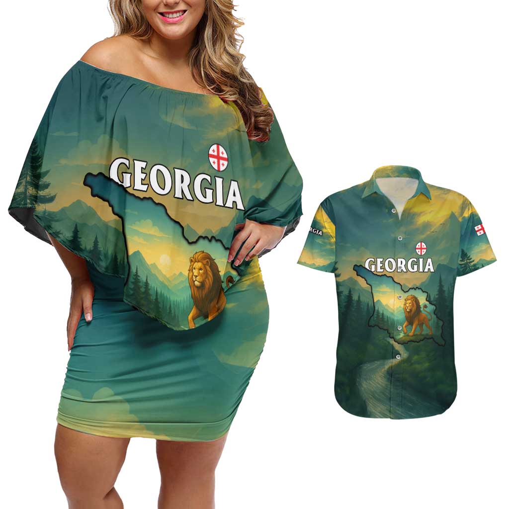 Georgia Couples Matching Off Shoulder Short Dress and Hawaiian Shirt with Green Mountain Landscape with Map Outline Lion and Legends Rise Quote Design - Wonder Print Shop