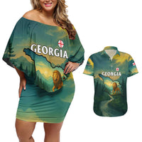 Georgia Couples Matching Off Shoulder Short Dress and Hawaiian Shirt with Green Mountain Landscape with Map Outline Lion and Legends Rise Quote Design - Wonder Print Shop