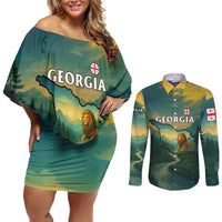 Georgia Couples Matching Off Shoulder Short Dress and Long Sleeve Button Shirt with Green Mountain Landscape with Map Outline Lion and Legends Rise Quote Design - Wonder Print Shop