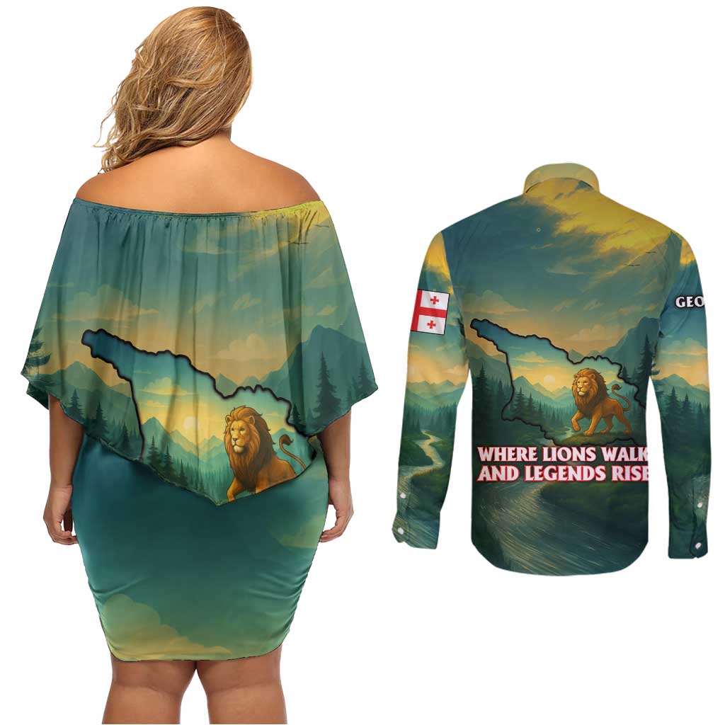 Georgia Couples Matching Off Shoulder Short Dress and Long Sleeve Button Shirt with Green Mountain Landscape with Map Outline Lion and Legends Rise Quote Design - Wonder Print Shop