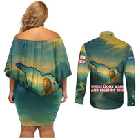 Georgia Couples Matching Off Shoulder Short Dress and Long Sleeve Button Shirt with Green Mountain Landscape with Map Outline Lion and Legends Rise Quote Design - Wonder Print Shop