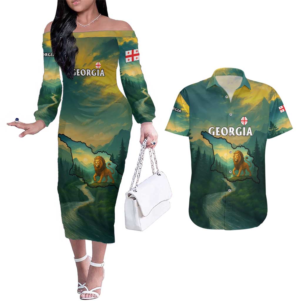Georgia Couples Matching Off The Shoulder Long Sleeve Dress and Hawaiian Shirt with Green Mountain Landscape with Map Outline Lion and Legends Rise Quote Design - Wonder Print Shop