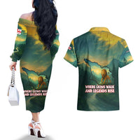 Georgia Couples Matching Off The Shoulder Long Sleeve Dress and Hawaiian Shirt with Green Mountain Landscape with Map Outline Lion and Legends Rise Quote Design - Wonder Print Shop