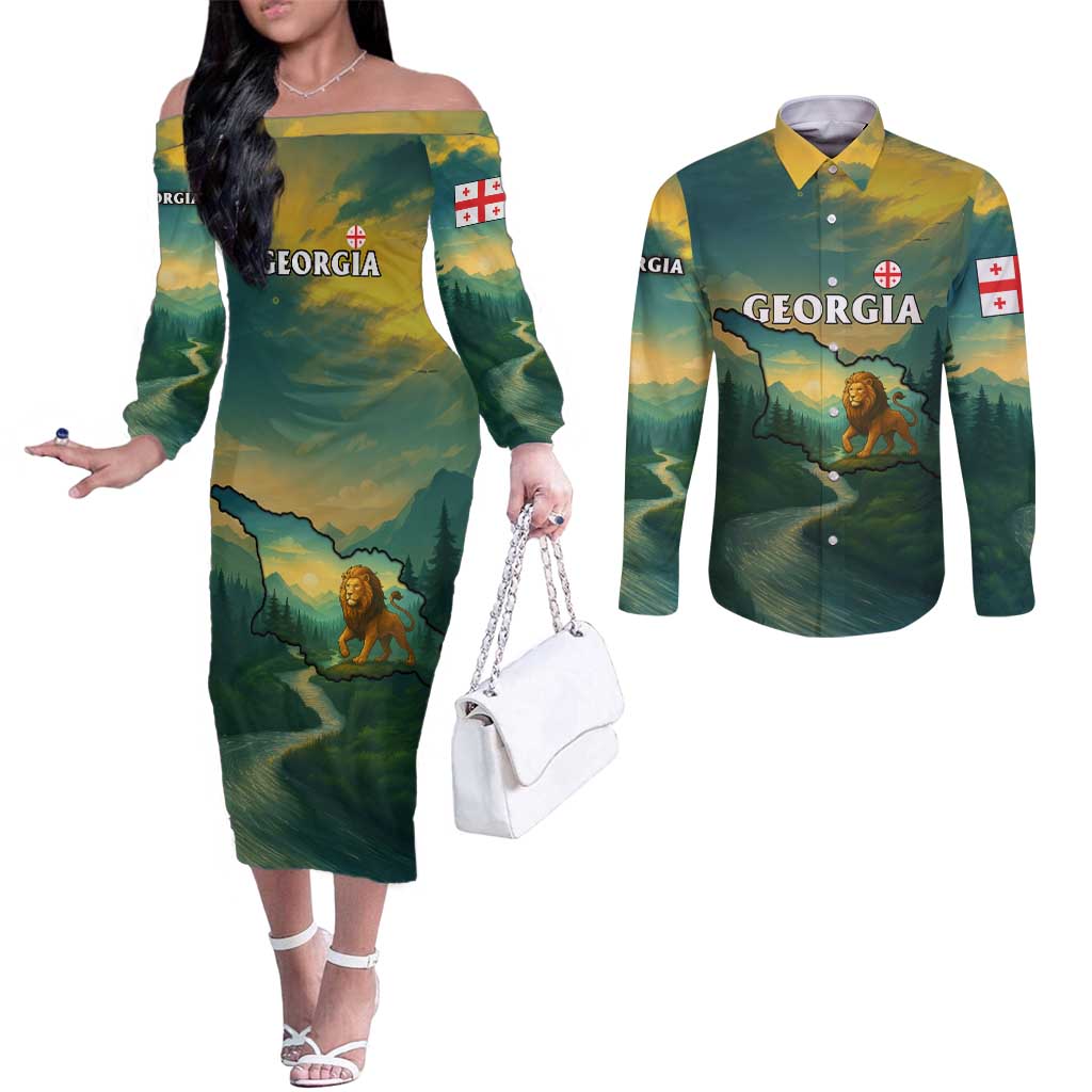 Georgia Couples Matching Off The Shoulder Long Sleeve Dress and Long Sleeve Button Shirt with Green Mountain Landscape with Map Outline Lion and Legends Rise Quote Design - Wonder Print Shop