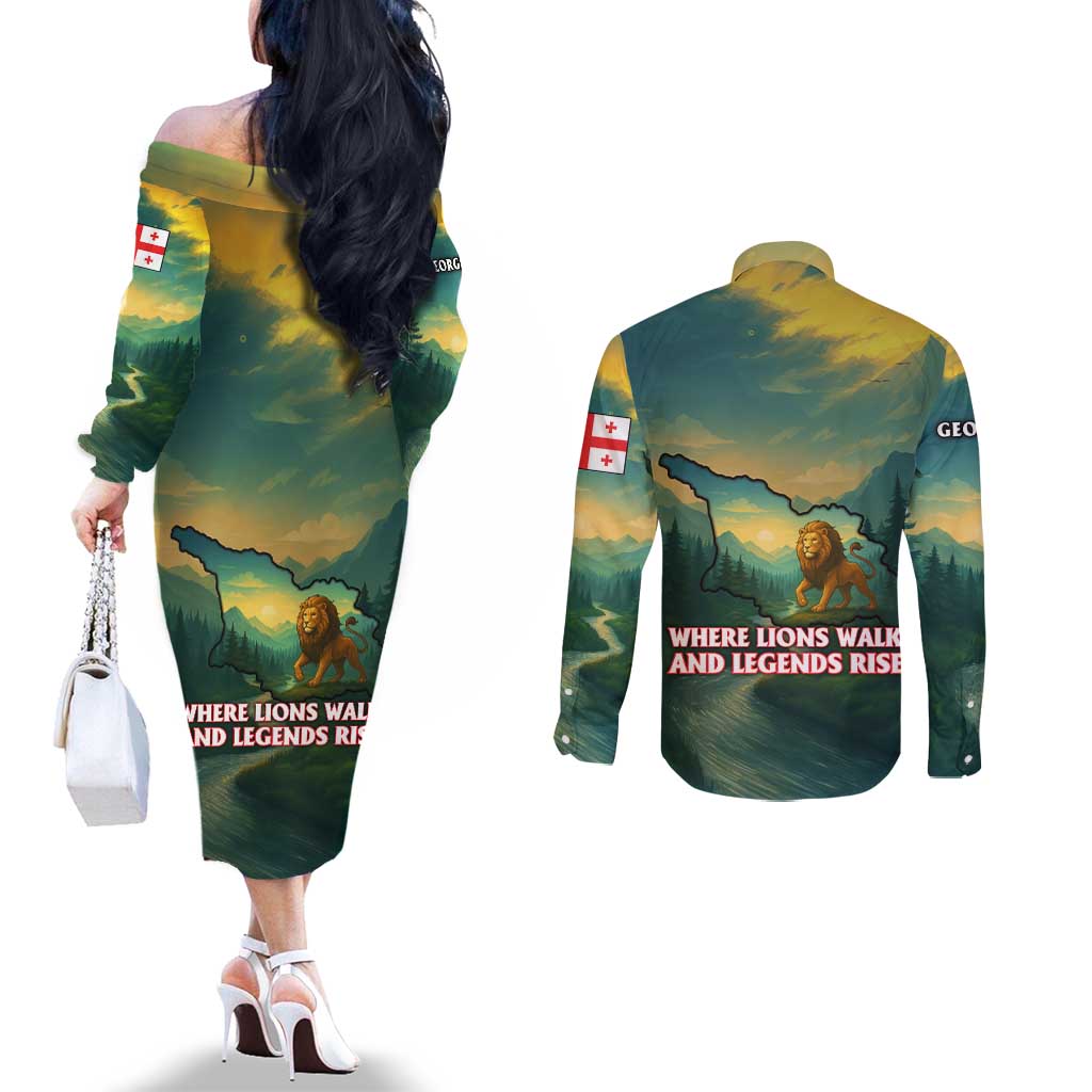 Georgia Couples Matching Off The Shoulder Long Sleeve Dress and Long Sleeve Button Shirt with Green Mountain Landscape with Map Outline Lion and Legends Rise Quote Design - Wonder Print Shop