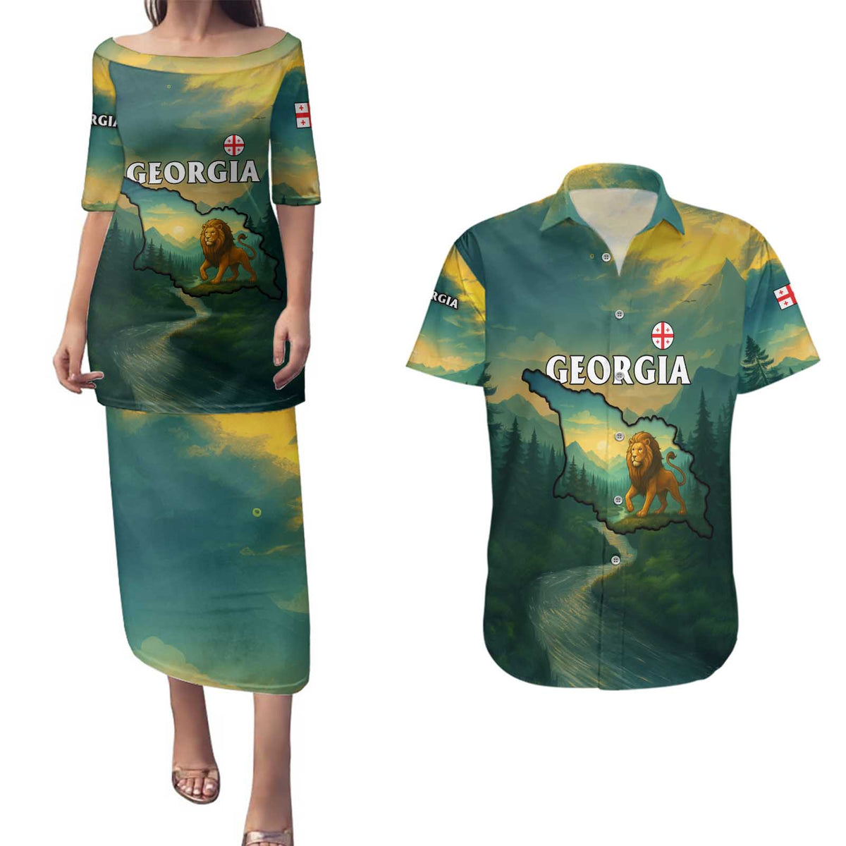 Georgia Couples Matching Puletasi and Hawaiian Shirt with Green Mountain Landscape with Map Outline Lion and Legends Rise Quote Design - Wonder Print Shop