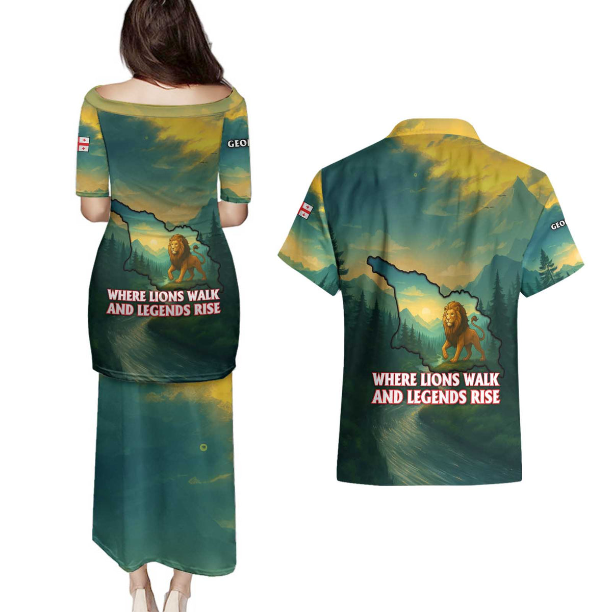 Georgia Couples Matching Puletasi and Hawaiian Shirt with Green Mountain Landscape with Map Outline Lion and Legends Rise Quote Design - Wonder Print Shop