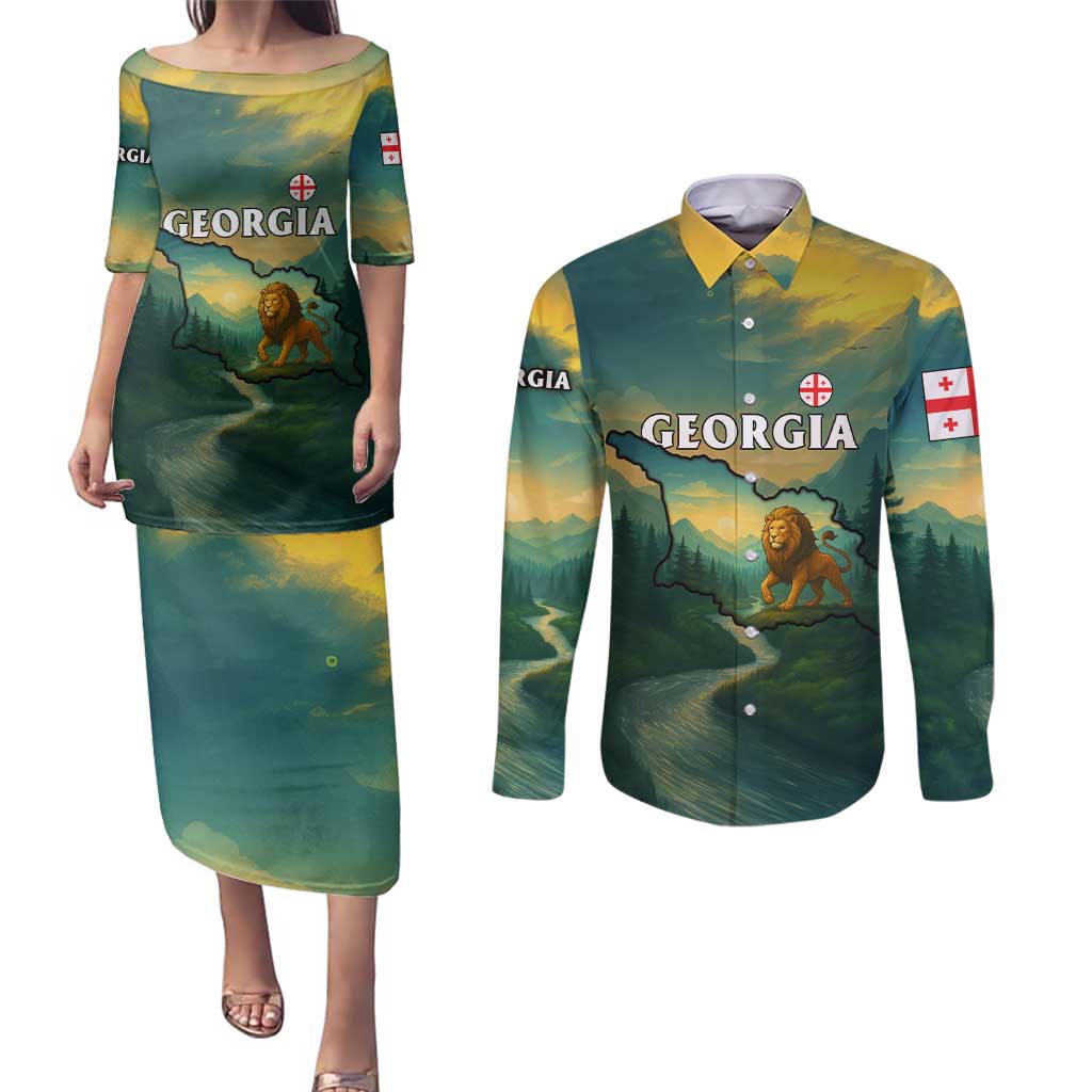 Georgia Couples Matching Puletasi and Long Sleeve Button Shirt with Green Mountain Landscape with Map Outline Lion and Legends Rise Quote Design - Wonder Print Shop