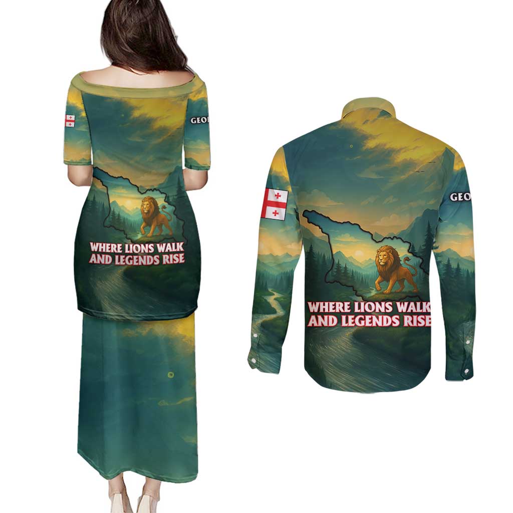 Georgia Couples Matching Puletasi and Long Sleeve Button Shirt with Green Mountain Landscape with Map Outline Lion and Legends Rise Quote Design - Wonder Print Shop