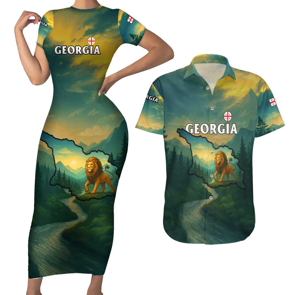 Georgia Couples Matching Short Sleeve Bodycon Dress and Hawaiian Shirt with Green Mountain Landscape with Map Outline Lion and Legends Rise Quote Design - Wonder Print Shop