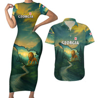 Georgia Couples Matching Short Sleeve Bodycon Dress and Hawaiian Shirt with Green Mountain Landscape with Map Outline Lion and Legends Rise Quote Design - Wonder Print Shop