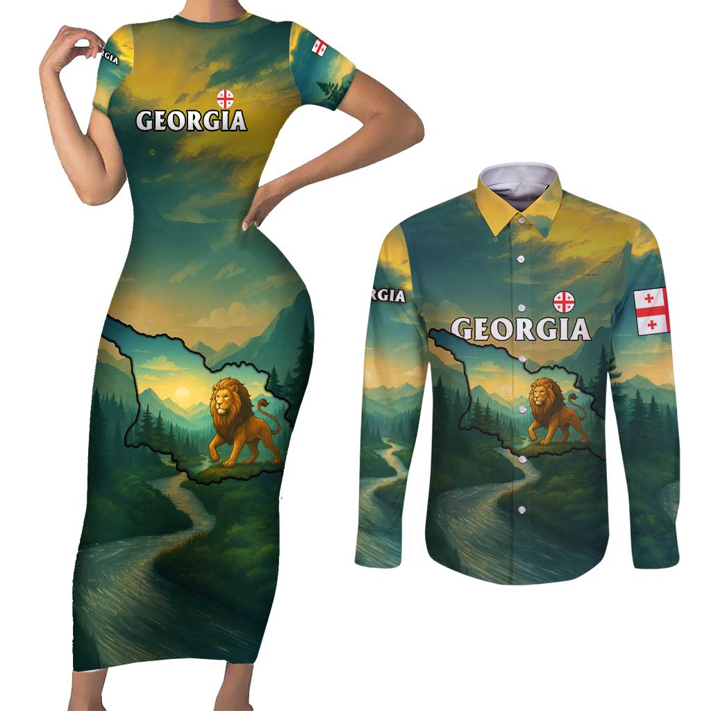 Georgia Couples Matching Short Sleeve Bodycon Dress and Long Sleeve Button Shirt with Green Mountain Landscape with Map Outline Lion and Legends Rise Quote Design - Wonder Print Shop