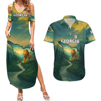 Georgia Couples Matching Summer Maxi Dress and Hawaiian Shirt with Green Mountain Landscape with Map Outline Lion and Legends Rise Quote Design - Wonder Print Shop