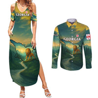 Georgia Couples Matching Summer Maxi Dress and Long Sleeve Button Shirt with Green Mountain Landscape with Map Outline Lion and Legends Rise Quote Design - Wonder Print Shop