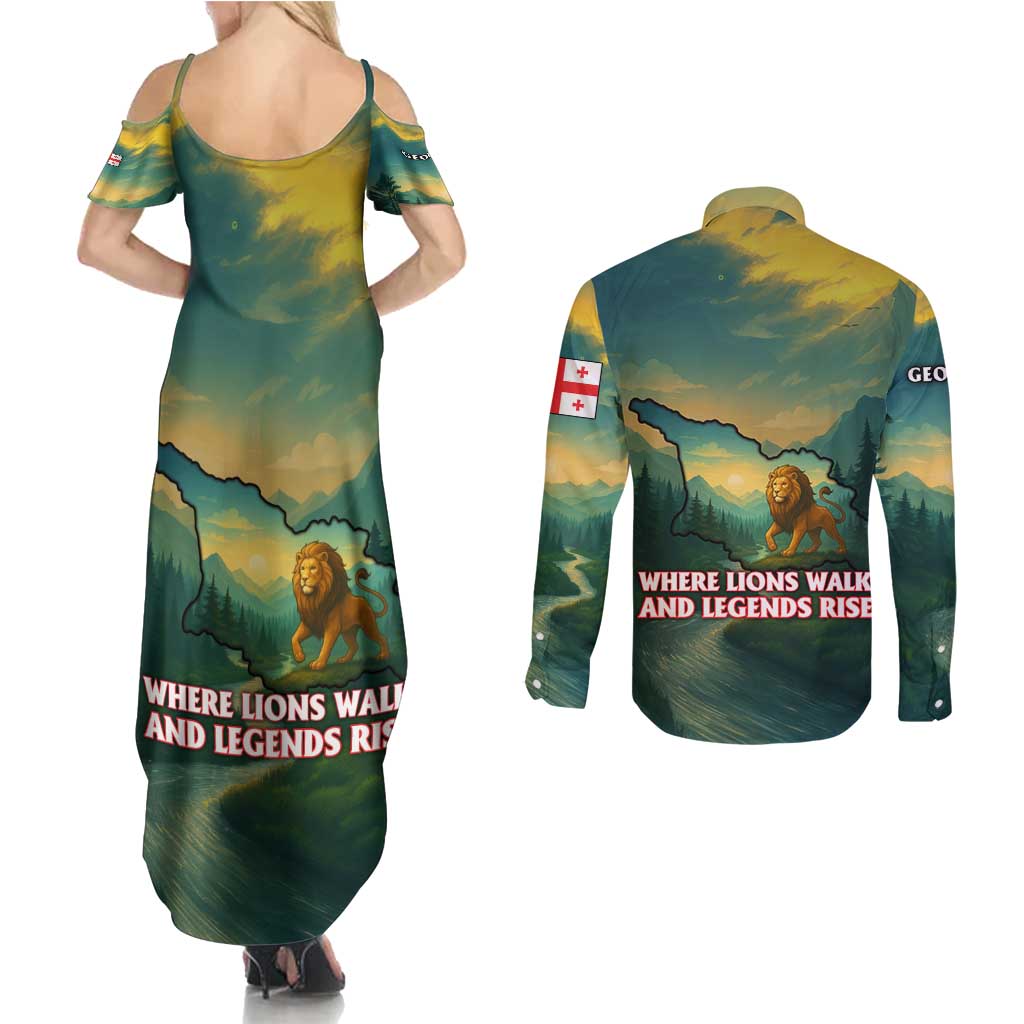 Georgia Couples Matching Summer Maxi Dress and Long Sleeve Button Shirt with Green Mountain Landscape with Map Outline Lion and Legends Rise Quote Design - Wonder Print Shop