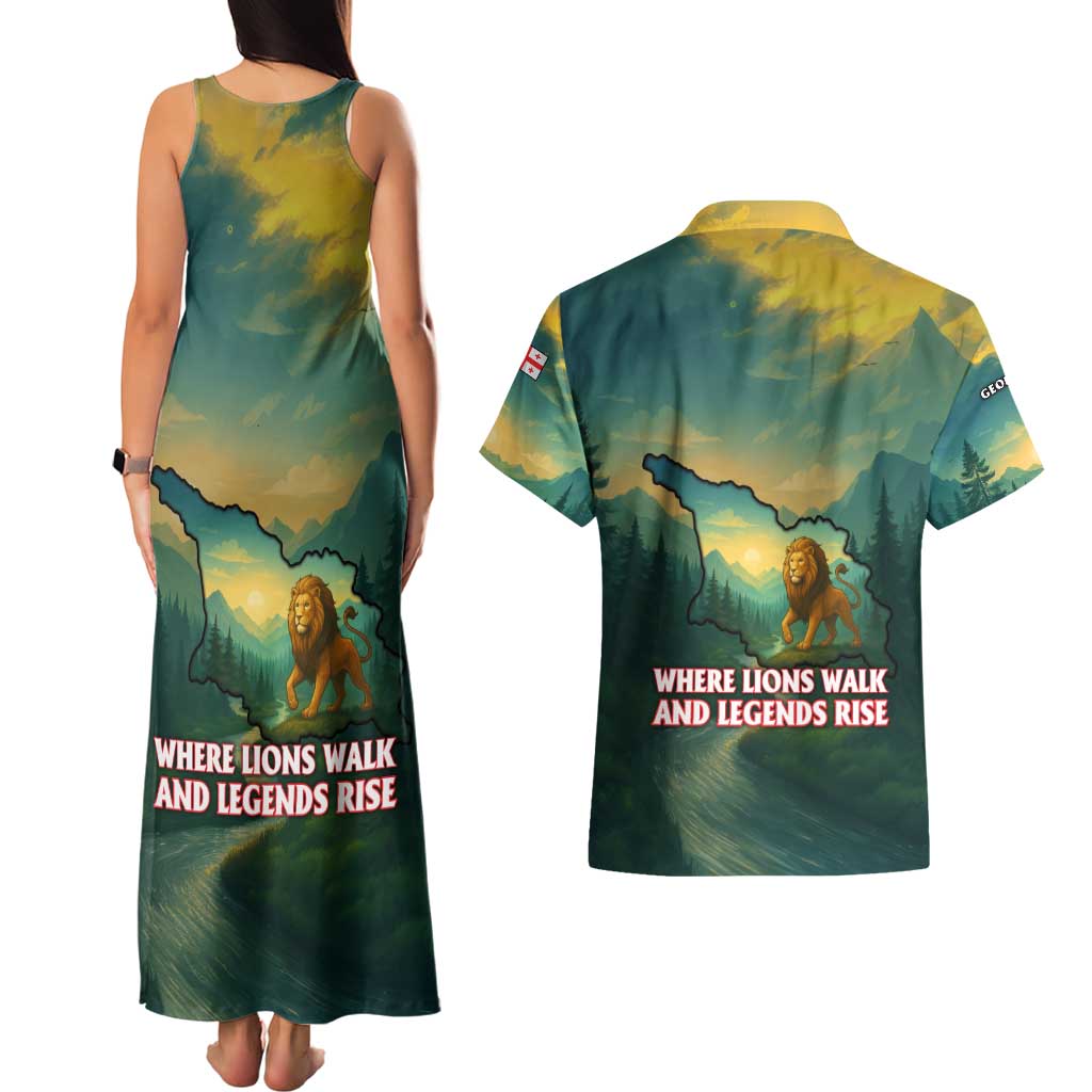 Georgia Couples Matching Tank Maxi Dress and Hawaiian Shirt with Green Mountain Landscape with Map Outline Lion and Legends Rise Quote Design - Wonder Print Shop