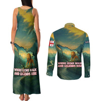 Georgia Couples Matching Tank Maxi Dress and Long Sleeve Button Shirt with Green Mountain Landscape with Map Outline Lion and Legends Rise Quote Design - Wonder Print Shop
